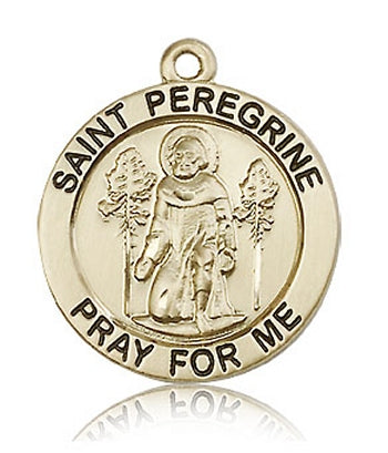 St. Peregrine Round Medal, Solid 14kt Gold, 15/16", Free Chain, # 60660