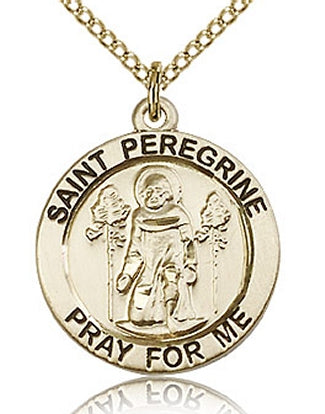 St. Peregrine Round Medal, 14kt Gold Filled, 3/4",  Your Choice of Chain, # 60662