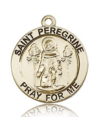 St. Peregrine Round Medal, Solid 14kt Gold, 3/4", Free Chain, # 60663