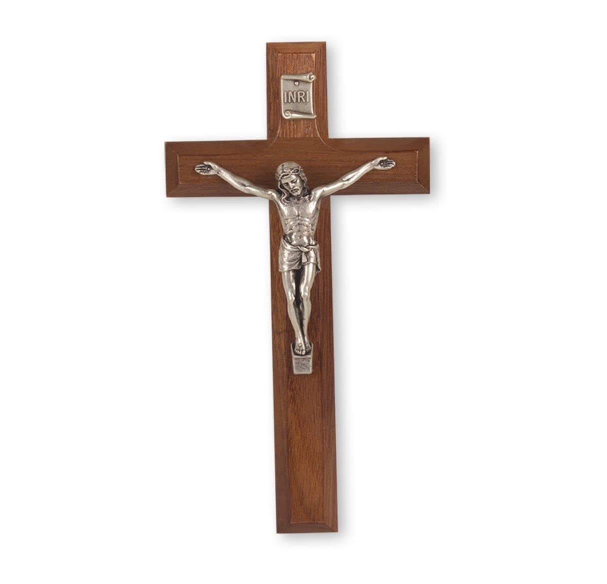 7" Walnut Cross with Antique Silver Plated Jesus, # 1291