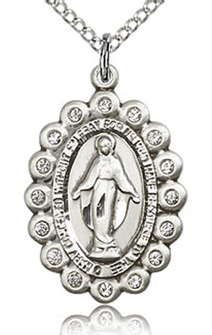 Crystal Border Miraculous Medal 13/16" Sterling Silver, your Choice of Chain # 6104