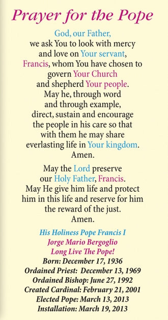 Pope Francis, Prayer for the Pope Laminated Holy Card, 25-Pack, # 61758