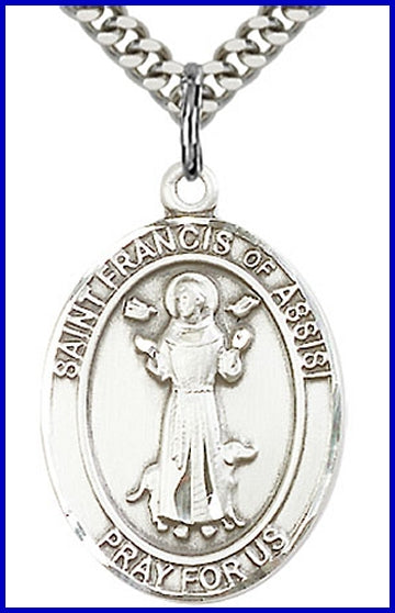 St. Francis of Assisi Medal, Sterling Silver, 1"x3/4", Your choice of chain, # 61990