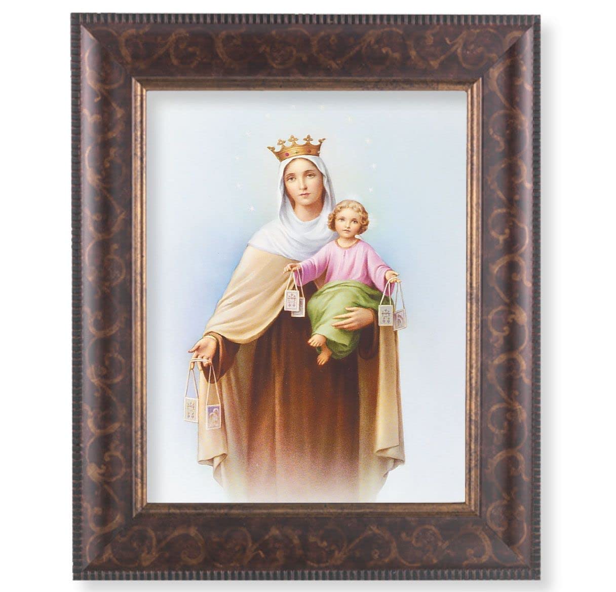 Our Lady of Mount Carmel Picture, 11-1/4"x13-1/4, Antique Gold & Espresso Frame, Italian Print Under Glass # 25826