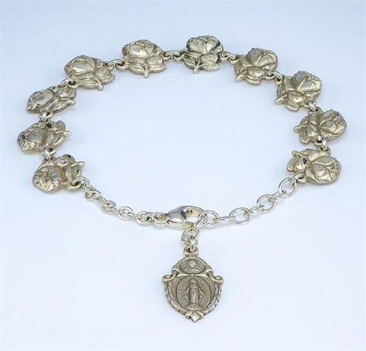 100% Sterling Silver Rosebud Saints Rosary Bracelet, 7.5", # 63627