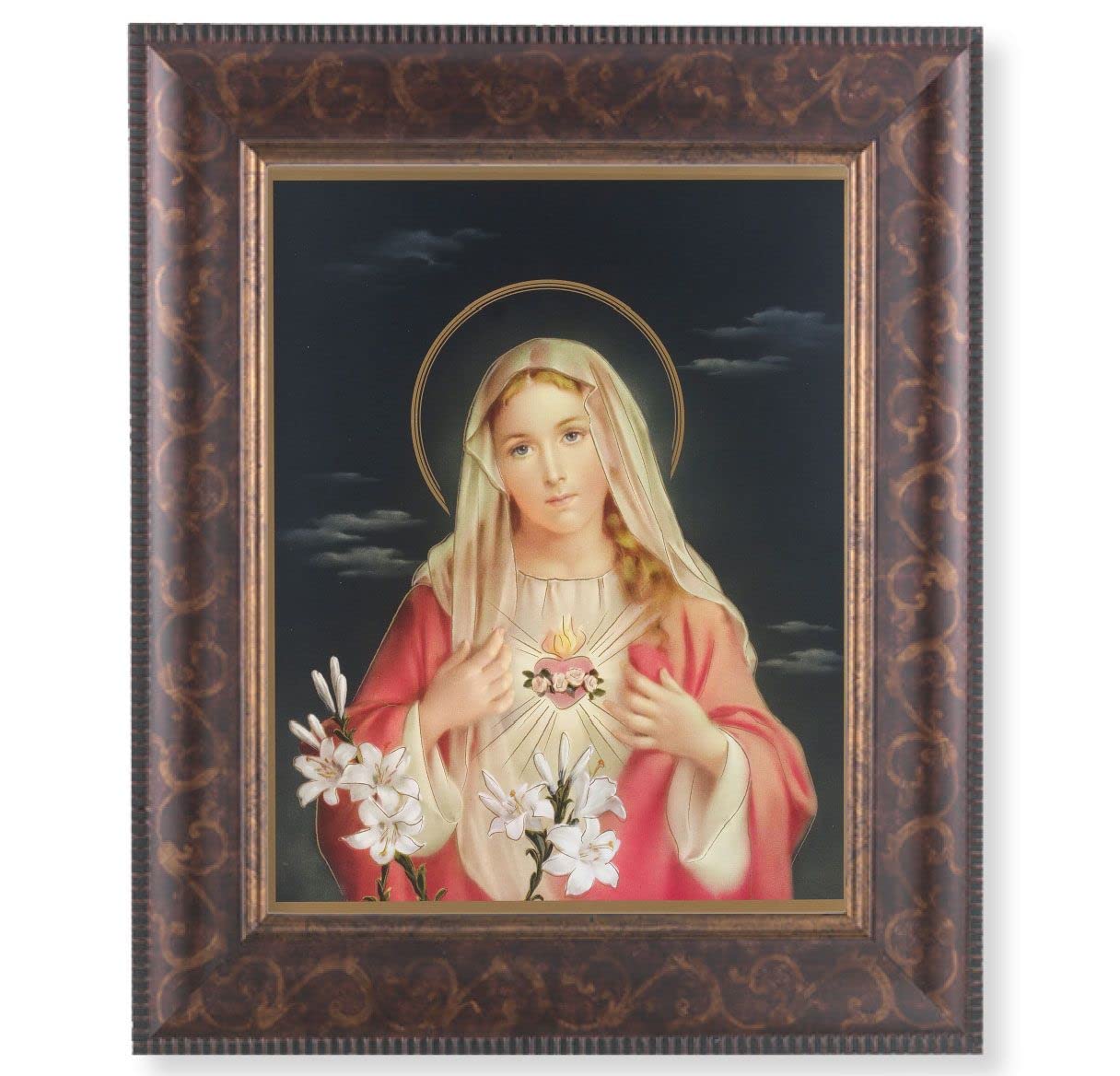 Immaculate Heart of Mary Picture, 11-1/4"x13-1/4, Antique Gold & Espresso Frame, Italian Print Under Glass # 25825
