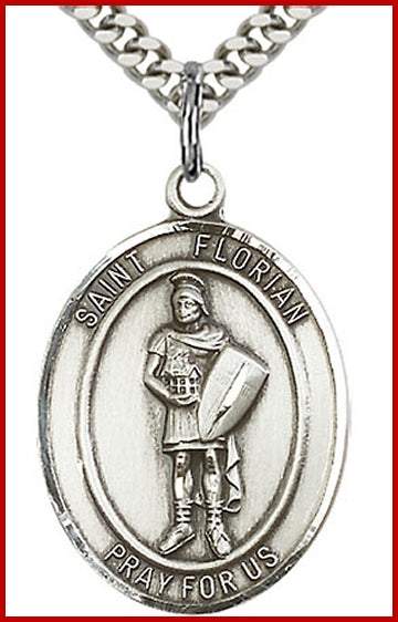 St. Florian Medal, Sterling Silver, 1"x3/4", Your choice of chain, # 64010