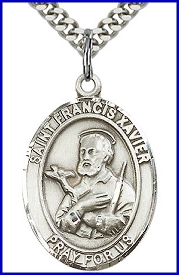 St. Francis Xavier Medal, Sterling Silver, 1"x3/4", Your choice of chain, # 64011