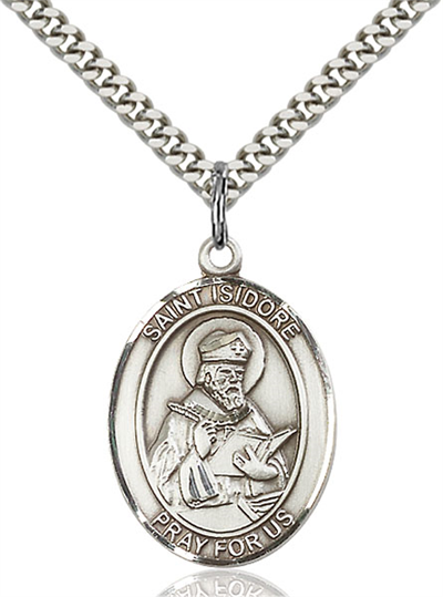1"x3/4" Sterling Silver St. Isidore of Seville Medal, Your Choice of Chain, # 64012