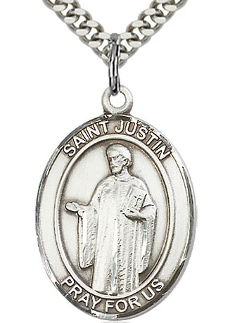 St. Justin Oval Medal, Sterling Silver, 1"x3/4", 24" Chain, # 64013-sale