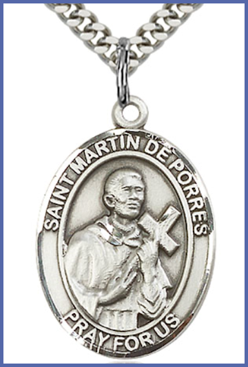 1"x3/4" Sterling Silver St. Martin de Porres Medal, Your Choice of Chain, # 64020