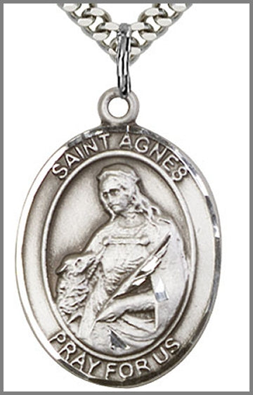 St. Agnes of Rome Medal, Sterling Silver, 1"x3/4", Your Choice of Chain, # 64030