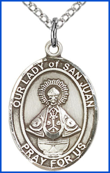 Sterling Silver Medal, 3/4"x9/16", Our Lady of San Juan, 18" Chain, # 64078-sale