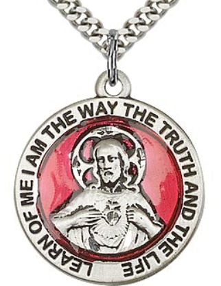 Sterling 15/16" Scapular Medal with Red Enamel, Your Choice of Chain, # 64233