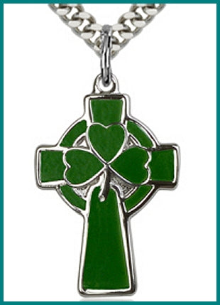 1" Celtic Cross, Sterling Silver, Green Enamel, Your Choice of Chain, # 64257