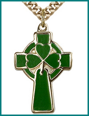 1" Celtic Cross, Solid 18kt Gold, Green Enamel, Free Chain, # 48221