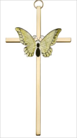 6" Resurrection Yellow Butterfly Cross, Silver-Tone on Polished Brass Cross, # 64270