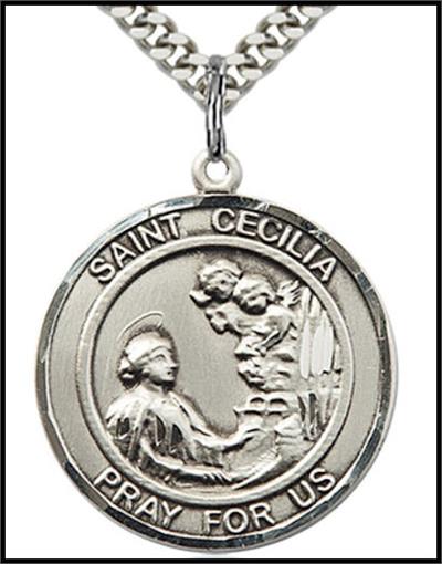 Saint Cecilia Sterling Silver Medal, 1" dia., Your Choice of Chain, # 64287