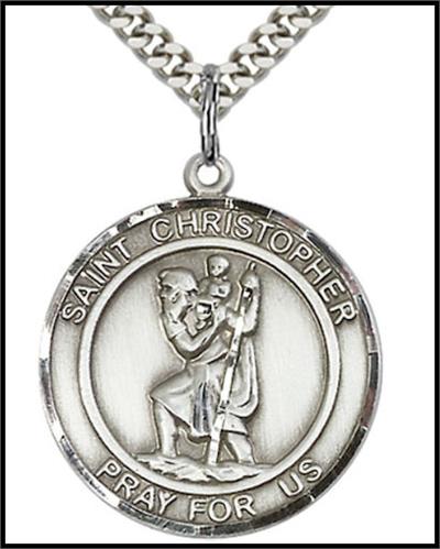 St. Christopher Sterling Silver Medal, 1" dia., Your Choice of Chain, # 64289