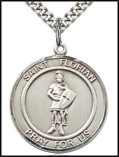 St. Florian Sterling Silver Medal, 1" dia., Your Choice of Chain, # 64295