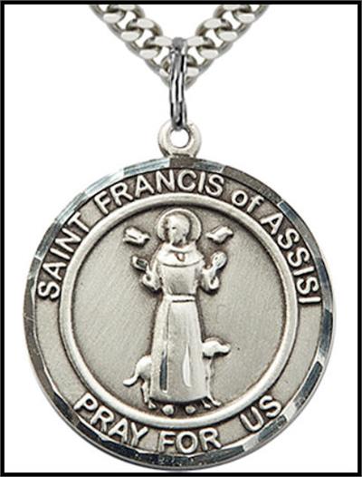 Saint Francis of Assisi Sterling Silver Medal, 1" dia., Your Choice of Chain, # 64297