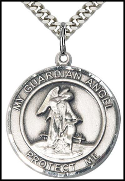 Guardian Angel Sterling Silver Medal, 1" dia., Your Choice of Chain, # 64305