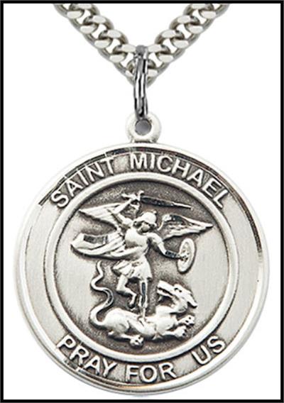Saint Michael the Archangel Sterling Silver Medal, 1" dia., Your Choice of Chain, # 64333