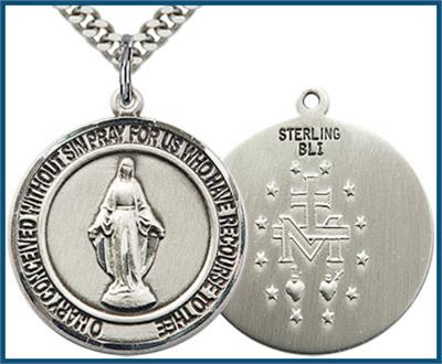 Miraculous Medal, Sterling Silver, 1" dia., Your Choice of Chain, # 64335