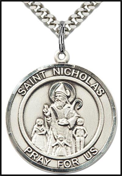 Saint Nicholas Sterling Silver Medal, 1" round, Your Choice of Chain, # 64337