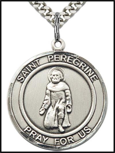 Saint Peregrine Sterling Silver Medal, 1" round, Your Choice of Chain, # 64341