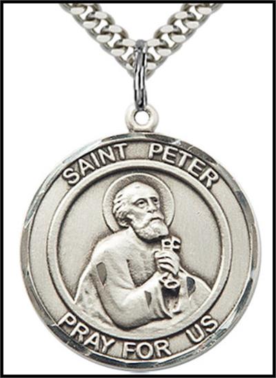 Saint Peter the Apostle Sterling Silver Medal, 1" round, Your Choice of Chain, # 64343