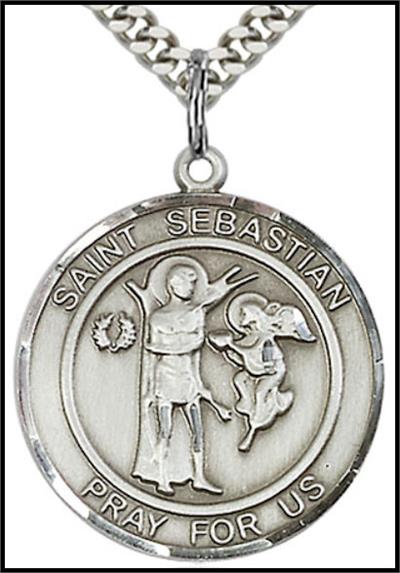Saint Sebastian Sterling Silver Medal, 1" round, Your Choice of Chain, # 64351