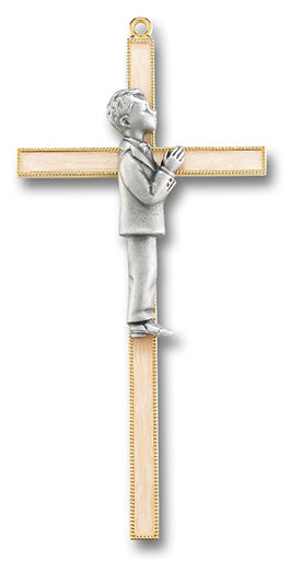 7" Pearlized Gold Plated Cross with Genuine Pewter Communion Boy Figure, # 6438