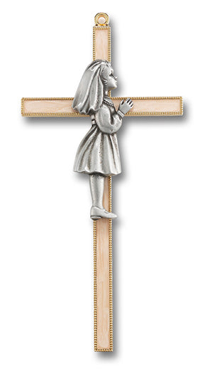 7" Pearlized Gold Plated Cross with Genuine Pewter Communion Girl Figure, # 6439