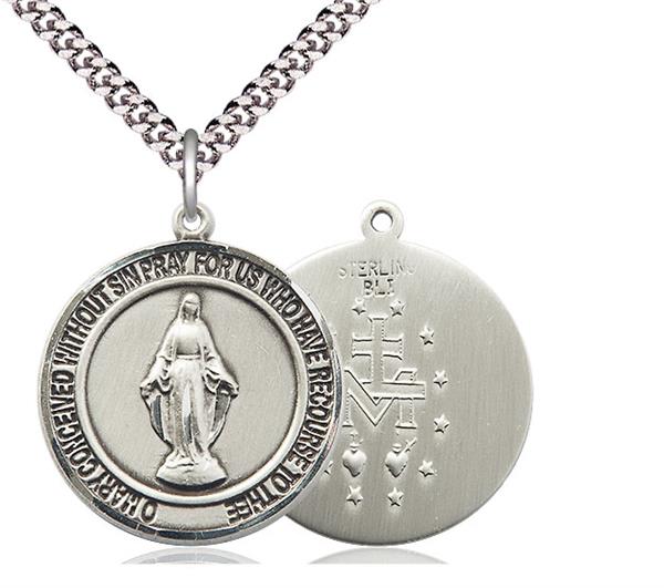 Dbl. Border Miraculous Medal 3/4" Round Sterling, Your Choice of Chain, # 64391