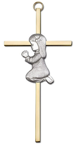 6" Praying Girl Cross, Silver Figure on Polished Brass Cross, # 64510
