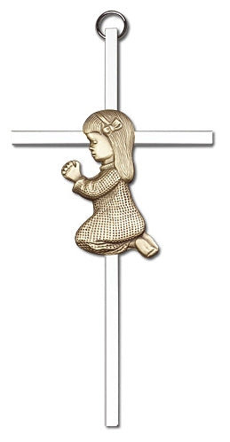 6" Praying Girl Cross, Gold Figure on Nickel Plated Cross, # 64511