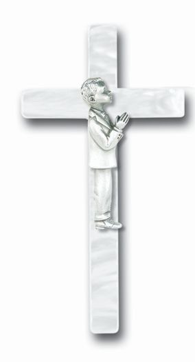 7" Pearlized Cross with Antiqued Genuine Pewter Communion Boy Figure, # 6455