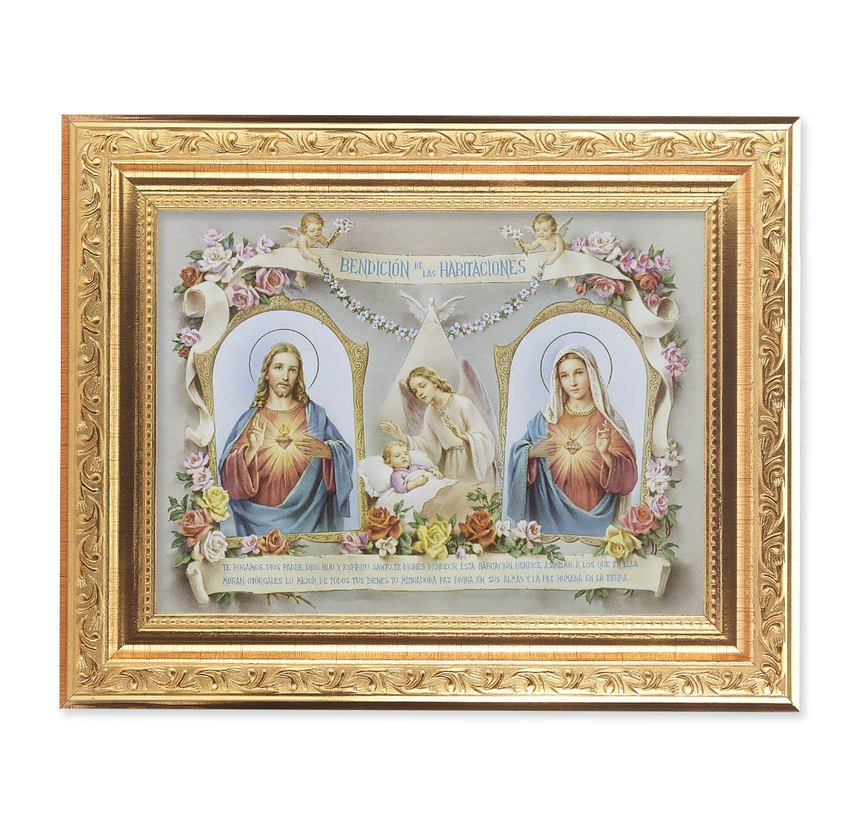 Spanish Baby Room Blessing Picture, 8-1/4"x10-1/4 Gold-Leaf Finish Acanthus Leaf Detail Under Glass # 27747