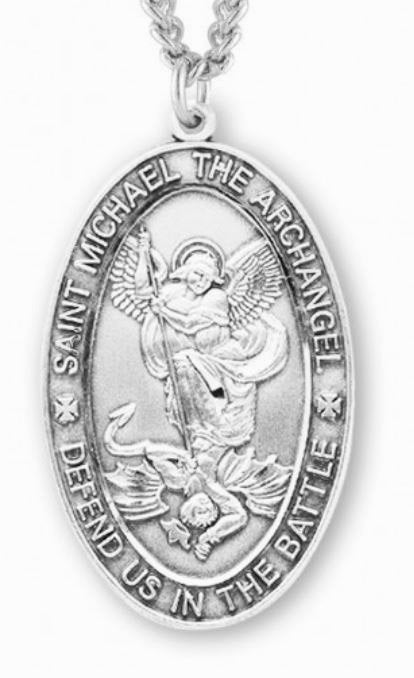 Saint Michael Oval Sterling Silver Medal,1-1/4", Your Choice of Chain, # 6496