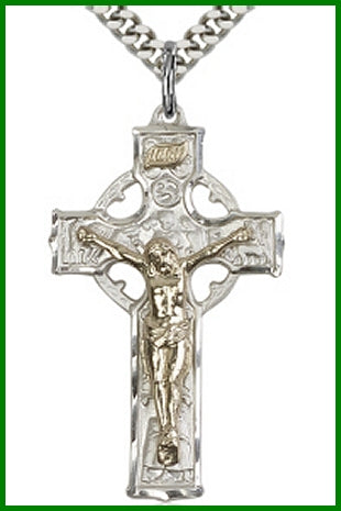 1-3/8" Gold Filled over Sterling Silver Celtic Crucifix, Your Choice of Chain, # 64971