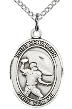 1" tall, Sterling Silver, St. Sebastian Football Medal, Your Choice of Chain, # 41108