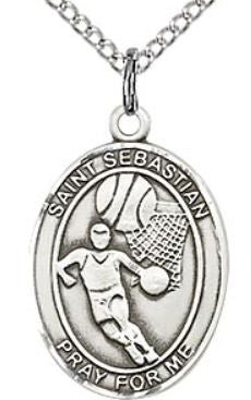 1" tall, Sterling Silver, St. Sebastian Basketball Medal, Your Choice of Chain, # 41109