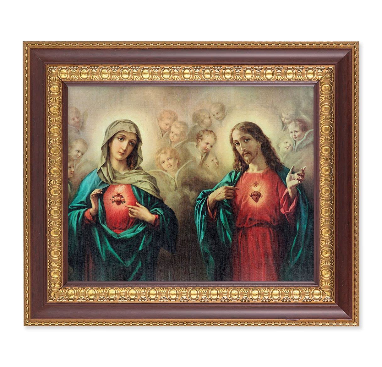 The Sacred Hearts, 11-1/2"x13-1/2, Cherry Finish with Gold Egg & Dart Frame, Italian Print Under Glass # 26013