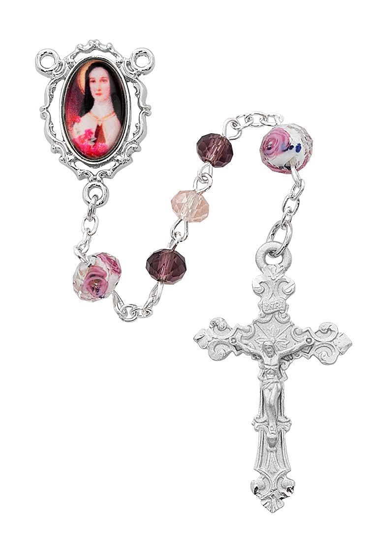 St. Therese of Lisieux Rosary, 6mm Pink & Purple Crystal Beads, Rhodium Pewter Photo Center and 1-1/2" Crucifix # 21190