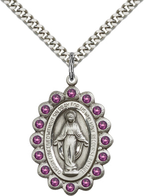 Amethyst Border Miraculous Medal 1-1/8" Sterling Silver, Your Choice of Chain, # 65081
