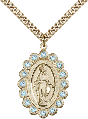 Aqua Border Miraculous Medal, 1-1/8", 14kt Gold Filled, Your Choice of Chain # 65085