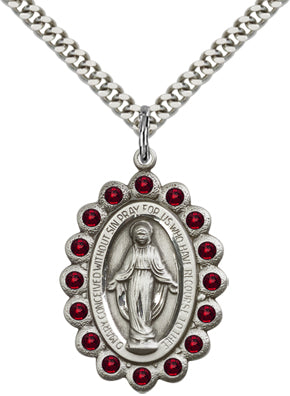 Garnet Border Miraculous Medal 1-1/8" Sterling Silver, Your Choice of Chain, # 65090