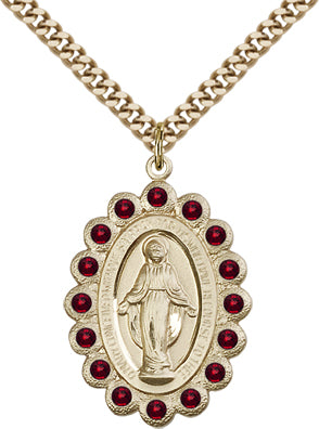 Garnet Border Miraculous Medal, 1-1/8", 14kt Gold Filled, Your Choice of Chain # 65091