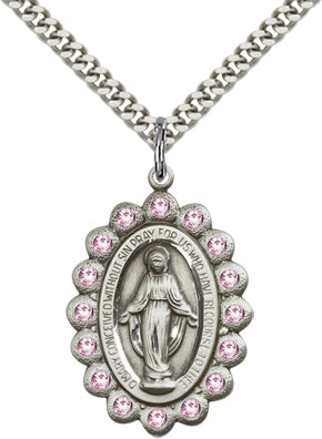 Light Amethyst Border Miraculous Medal 1-1/8" Sterling Silver, Your Choice of Chain, # 65093